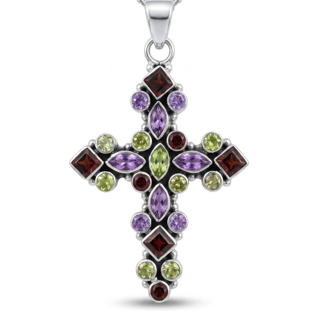925 Sterling Jeweled Cross Pendant Multicolored 2 inch
